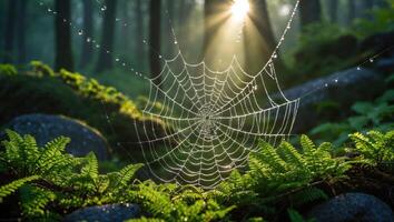 Spiderweb with Dew Drops Shines in Forest Sunlight Ferns Below photo