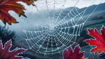 Frost Covered Spiderweb with Fall Leaves and Blurred Mountain Scenery photo
