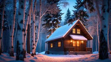 Cozy Cabin in Snowy Woods with Warm Glowing Light at Dusk photo