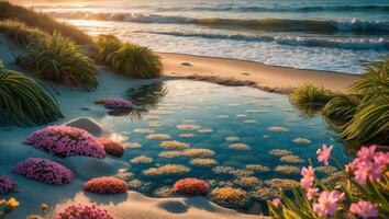 Calm Beach with Flowers and Clear Water at Sunset Scenery photo