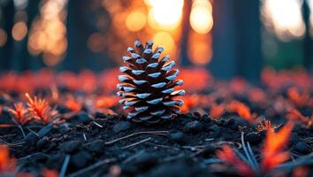 Pine Cone on Ground with Sunlight Forest Background at Dusk photo
