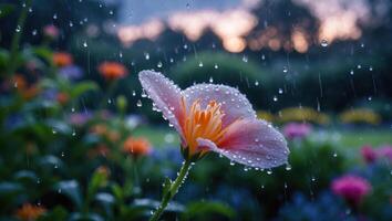Delicate Flower Under Falling Rain in Garden at Dusk with Soft Light photo