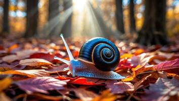 Snail Crawling Through Fallen Leaves in a Forest with Sunlight photo