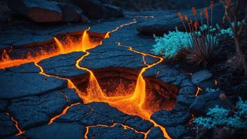 Molten Rock Flowing Through Cracks in Ground with Desert Vegetation photo