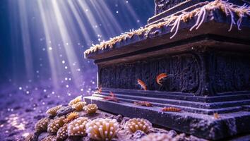 Shrimp Exploring Underwater Structure with Sun Rays and Coral Reef photo