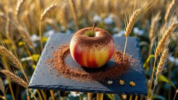 Apple Covered with Cocoa Powder Displayed in Wheat Field photo