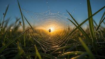 Spider Resting in Web on Grassy Field at Sunrise with Dew photo