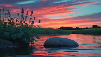 Rock Sits in Calm Water Reflecting Vibrant Sunset with Colorful Sky photo