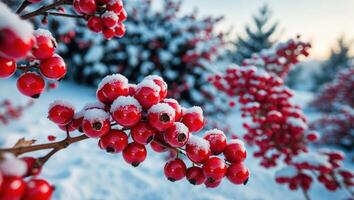 Red Berries on Branch Covered in Snow in Winter Scenery photo