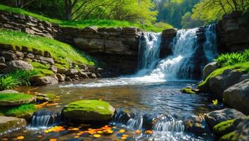 Cascading Waterfall Flows Into Calm Stream with Mossy Rocks Landscape photo