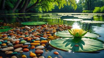 Water Lily Floating on Pond with Colorful Stones and Lily Pads photo