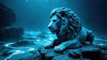 Lion Statue Lounging Underwater with Abstract Light Patterns and Marine Environment photo