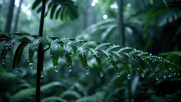 Leaf with Water Droplets in Lush Green Forest After Rain photo
