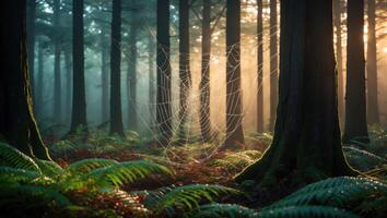 Spiderweb Forest Scene with Ferns and Soft Sunlight Through the Trees photo