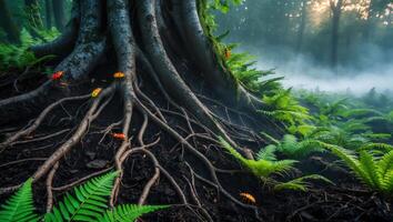 Exposed Tree Roots and Lush Ferns in a Mystical Forest photo