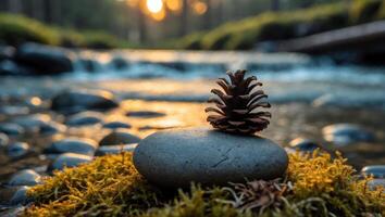 Pine Cone Resting on Stone by Creek at Sunset in Forest photo