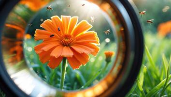 Orange Flower Viewed Through Lens with Insects Flying Around in Sunlight photo