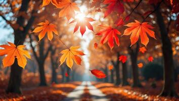 Falling Autumn Leaves on Tree-lined Path with Sunlight Bursting Through photo