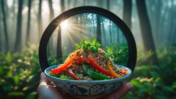 Hand Holding Quinoa Salad with Peppers in Forest at Sunrise photo