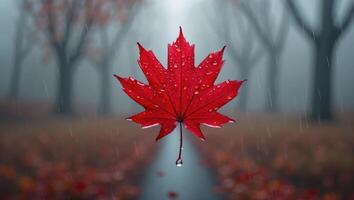 Red Leaf with Raindrops on a Foggy Path in Autumn photo