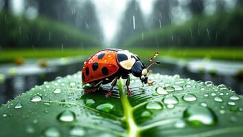 Ladybug Resting on a Leaf Covered with Water Droplets in Rain photo