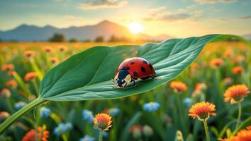 Ladybug Resting on Green Leaf in Field at Sunset Time photo