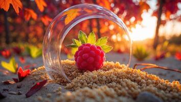 Raspberry Inside Glass Orb Resting on Seeds with Autumn Leaves photo