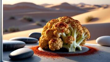 Cauliflower with Red Spice on Desert Background Food Presentation photo