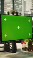 Vertical Green screen PC used by employee preparing for business meeting. Close up of mockup computer used by african american worker doing research analysis for startup organization, camera B video