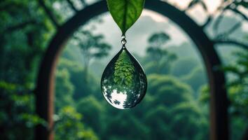 Water Drop Hanging From Leaf Reflects Forest Background Scenery photo