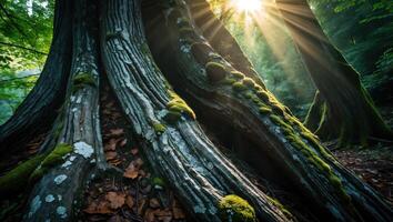 Exploring Ancient Forest Giant Tree Roots with Moss and Sunlight photo
