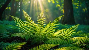 Ferns Growing in Forest with Sunlight Shining Through Trees Background photo