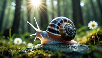Snail Crawling on Stone in Forest with Sunlight Through Trees photo