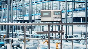 Monitor in smart photovoltaics factory displaying real time system performance metrics. Display in industry 4.0 solar panels plant tracking energy production and efficiency through IoT sensors video