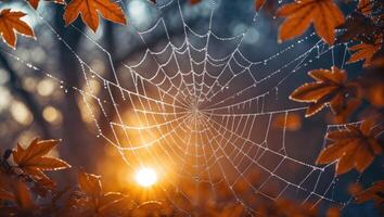 Spiderweb Covered in Dew Drops with Sunburst and Fall Leaves photo