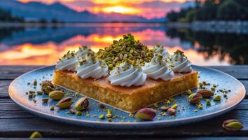 Serving Sweet Cake with Pistachios and Cream at Sunset Lake photo