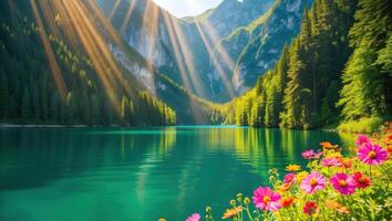 Lake Surrounded by Mountains and Trees with Sun Rays and Flowers photo