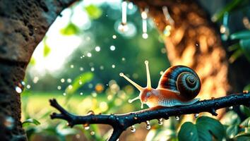 Snail Crawling on Wet Branch in Forest with Bokeh Background photo
