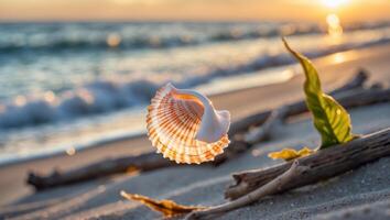 Seashell on Sandy Beach at Sunset with Ocean Waves photo