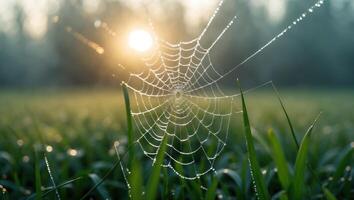 Spiderweb in Meadow at Sunrise with Dew Drops and Soft Light photo