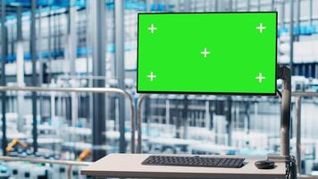 Tracking software displayed on green screen mockup monitor in industrial plant equipped with advanced sensors. Program on chroma key display in smart factory collecting and analyzing data video