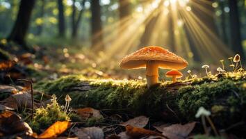 Mushroom Growing on Mossy Log with Sunlight Streaming Through Forest photo
