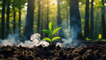 Sprout Growing in Soil with Forest and Sunlight in Background photo