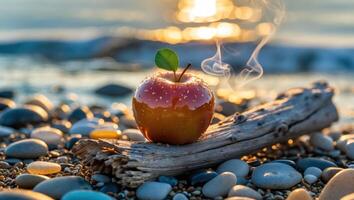 Caramel Apple Resting on Driftwood by the Beach with Sunset photo
