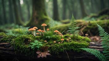 Mushrooms and Ferns Growing on Mossy Log in Forest Setting photo