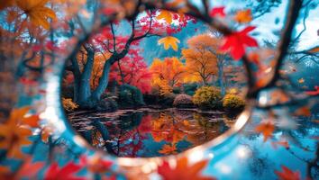Reflecting Autumnal Trees in Calm Pond Through Circular Frame photo