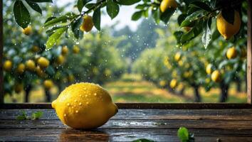 Lemon on Wooden Surface with Lemon Orchard Background During Rainfall photo