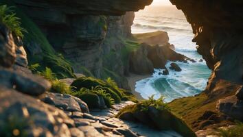 Coastal View Through Rock Archway with Waves and Green Cliffs photo