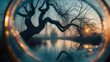 Willow Tree Reflection in Pond at Sunset Through an Object photo