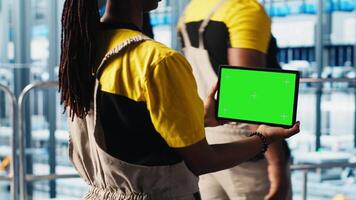 inteligente fábrica técnico gerencia robótico braços usando brincar caderno, fechar acima. engenheiro dentro indústria 4,0 industrial plantar controles automatizado maquinaria usando verde tela computador portátil, Câmera uma video